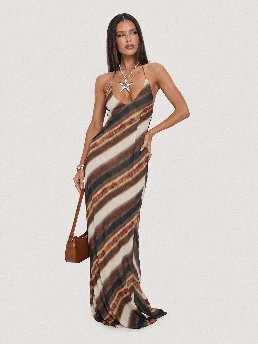 Princess Polly Esmira Halter Maxi Dress Brown Stripe